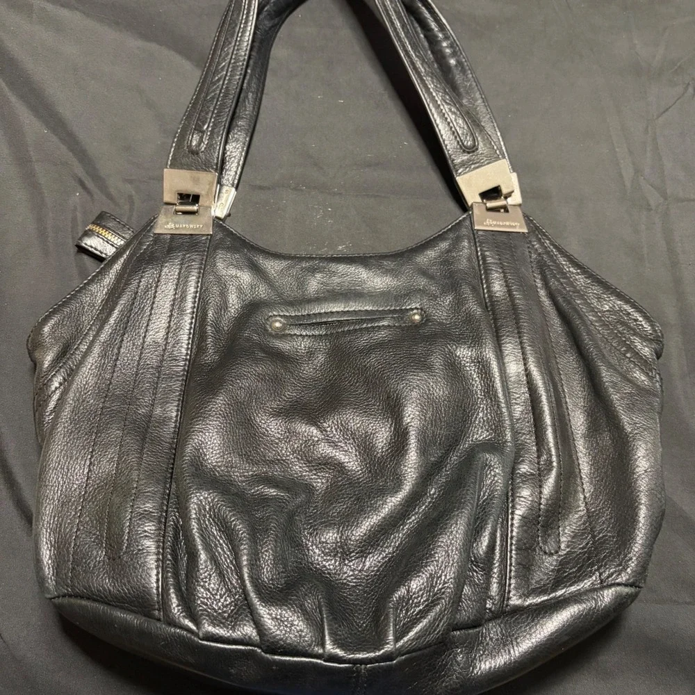 B. Makowsky Black Genuine Leather Large Hobo Shoulder Bag Silver Hardware